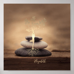 Póster Piedras Zen de terapeuta, silueta de árbol dorado 