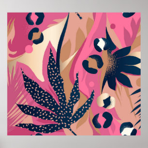 Póster Piel Leopardo Moderna, Floral Exótica.
