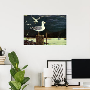 Póster Pier de gaviota vintage encaramado, animales de av