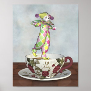 Póster Pierrot Clown Doll Balancing en una Tea Cup