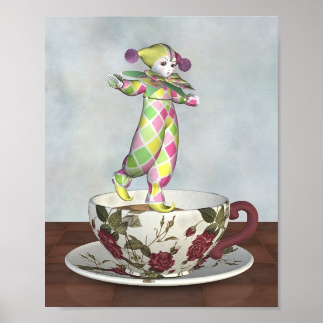 Póster Pierrot Clown Doll Balancing en una Tea Cup (Frente)