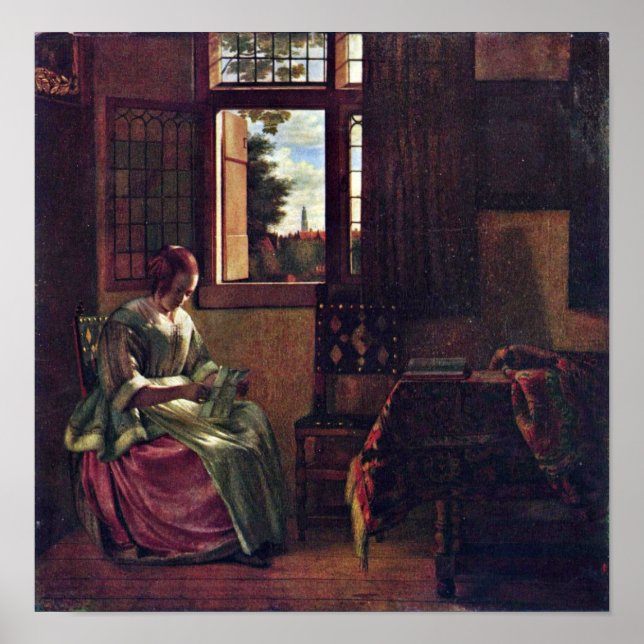 Póster Pieter de Hooch - Mujer leyendo una carta (Frente)