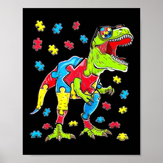 Póster Pieza de rompecabezas del autismo de los dinosauri (Frente)