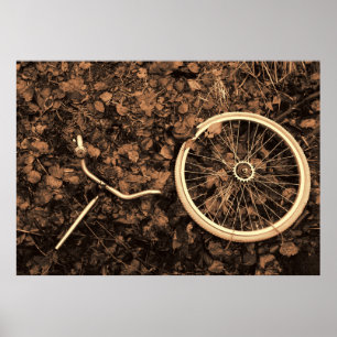 Póster Piezas de bicicleta con hojas de otoño