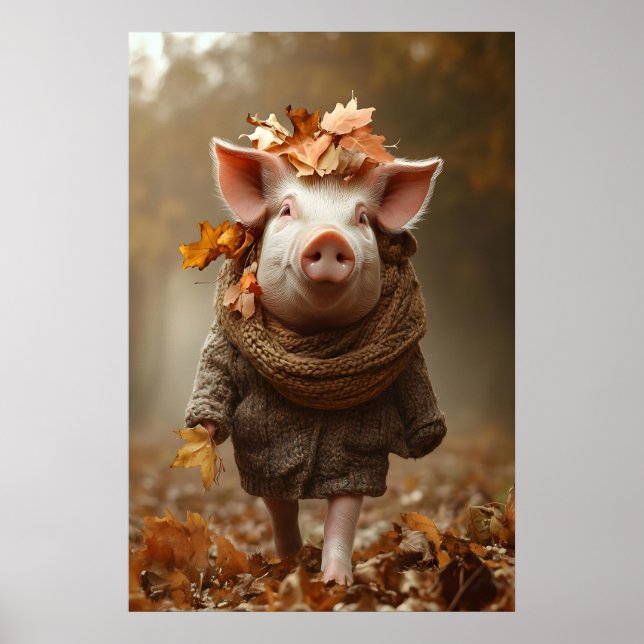 Póster Pig in Fall Clothes Art Print, Rustic Autumn Home (Frente)