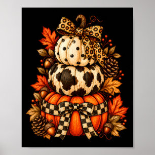Póster Pila de calabaza de otoño con lazo de leopardo a c
