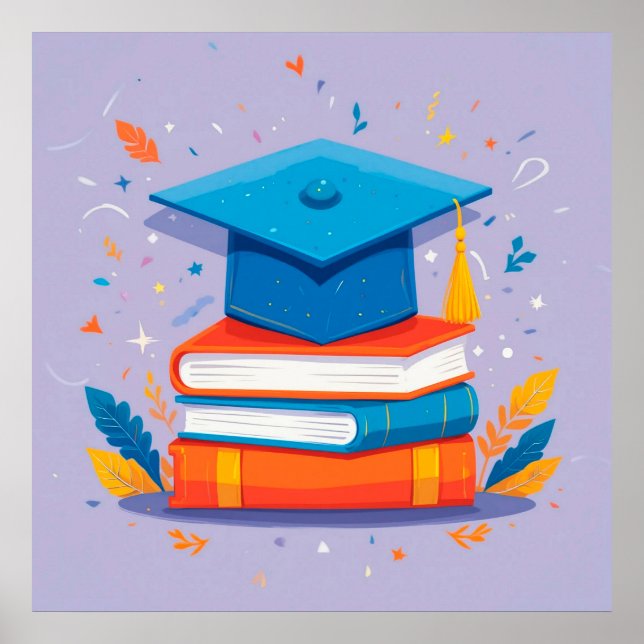 Póster Pila de Libros con Gorro de Graduación (Frente)