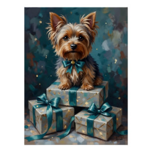 Póster Pila de regalos de vacaciones para perro Yorkshire