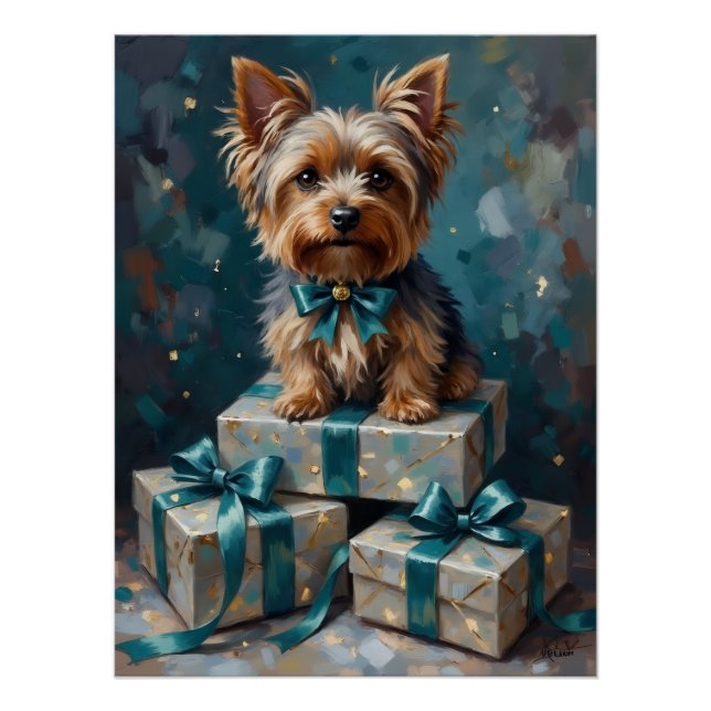 Póster Pila de regalos de vacaciones para perro Yorkshire (Anverso)
