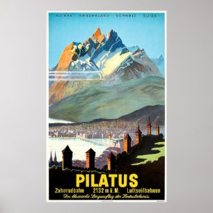 Póster Pilatus, montañas, Suiza, viaje vintage