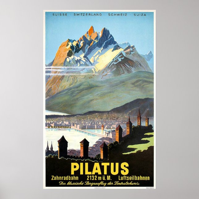 Póster Pilatus, montañas, Suiza, viaje vintage (Frente)