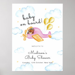 Póster Pilot Bear Balloon Airplane Baby Shower Welcome 
