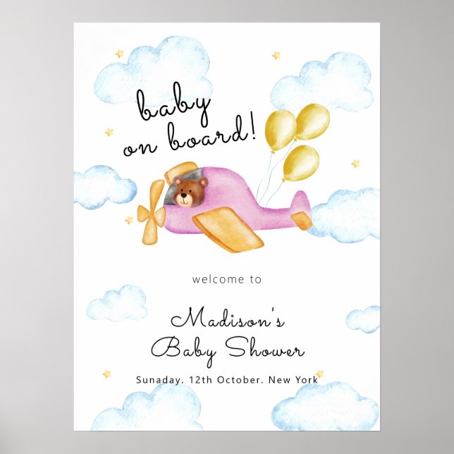 Póster Pilot Bear Balloon Airplane Baby Shower Welcome  (Frente)