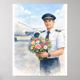Póster Pilot holds flowers standing on the runway
