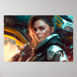 Póster Piloto de mujer en una ciudad del futuro