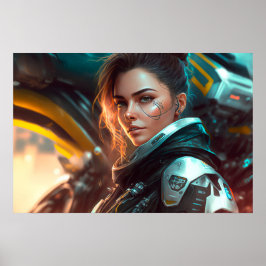 Póster Piloto de mujer en una ciudad del futuro Poster