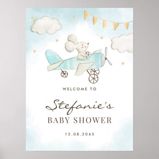 Póster Piloto de ratón para bebé de agua Baby Shower azul (Frente)
