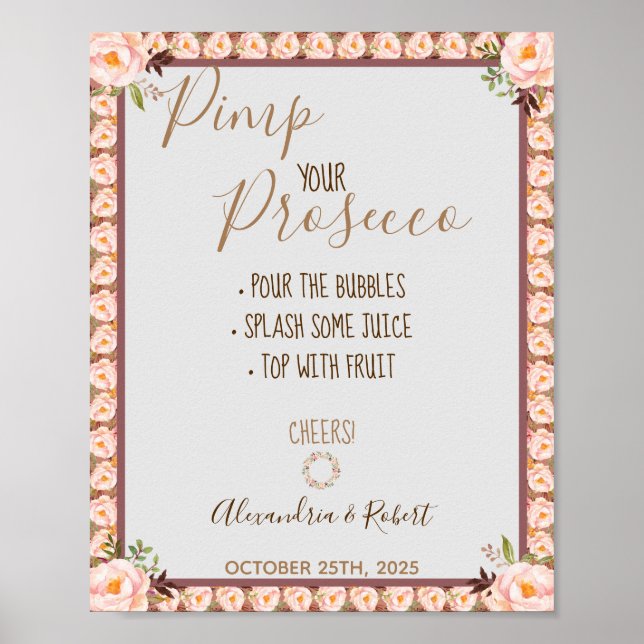 Póster Pimea su Boda de marco floral rosado Prosecco (Frente)