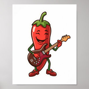 Póster Pimiento Chili Picante Lindo Tocando Guitarra Eléc