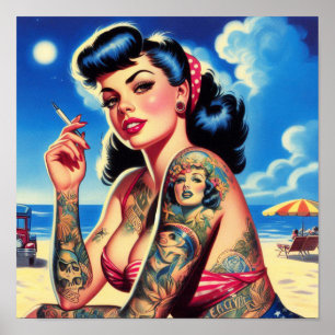 Póster Pin de verano de Bikini retro tatuado