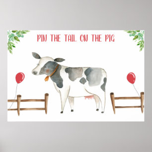 Póster Pin the Tail Cow Farm Animals Boy Birthday Poster
