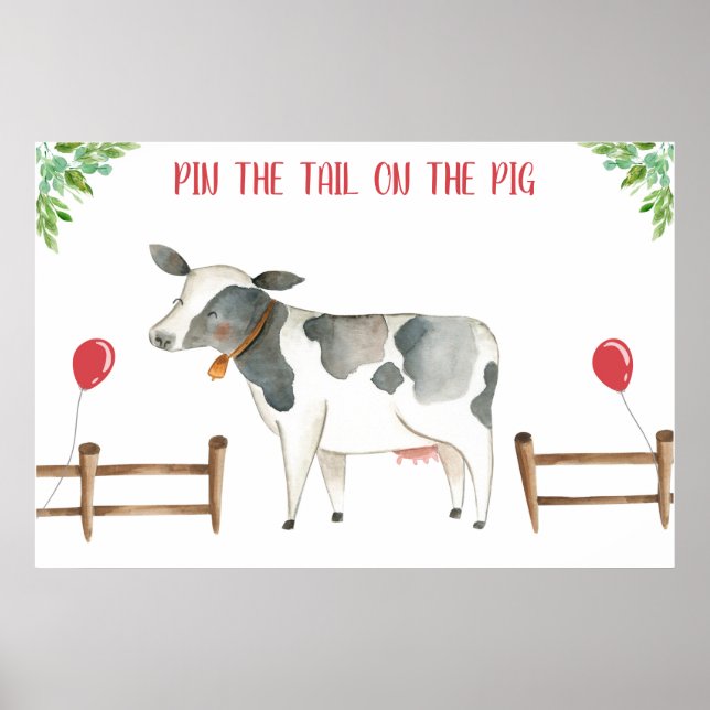 Póster Pin the Tail Cow Farm Animals Boy Birthday Poster (Frente)