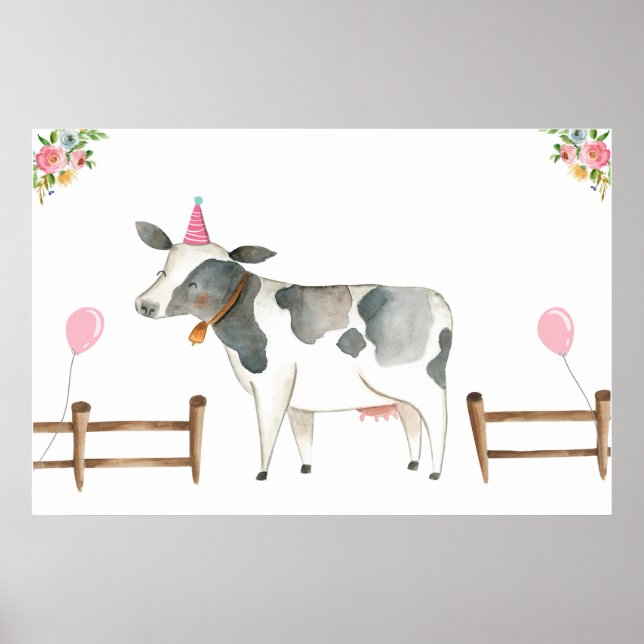 Póster Pin the Tail Cow Farm Animals Chica Birthday Pink