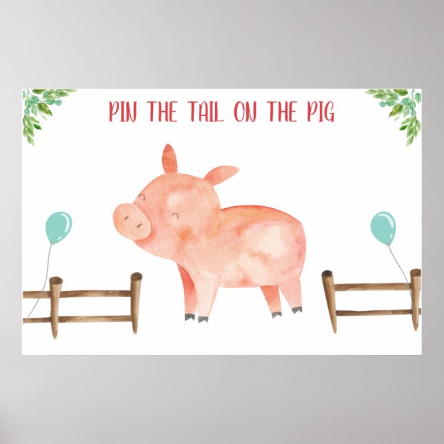 Póster Pin the Tail Pig Farm Animals Boy Birthday Poster (Frente)