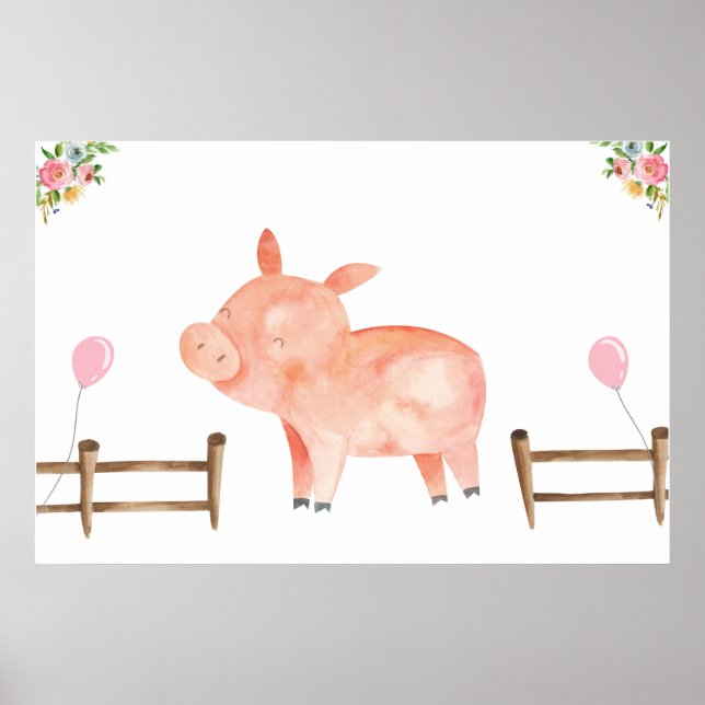 Póster Pin the Tail Pig Farm Animals Chica Birthday Pink (Frente)