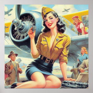 Póster Pin-up de avión retro
