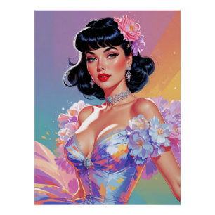 Póster Pin-Up de color negro con elegancia floral Bangs