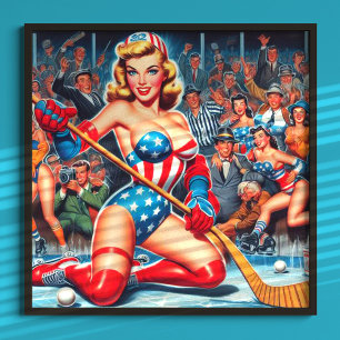 Póster Pin-up de hockey retro
