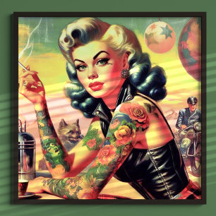 Póster Pin-up de motociclista tatuado