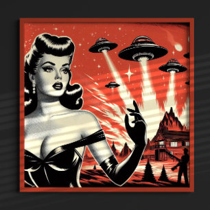 Póster Pin-up de platillos volantes vintage