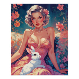 Póster Pin-Up Floral Cute Easter Bunny