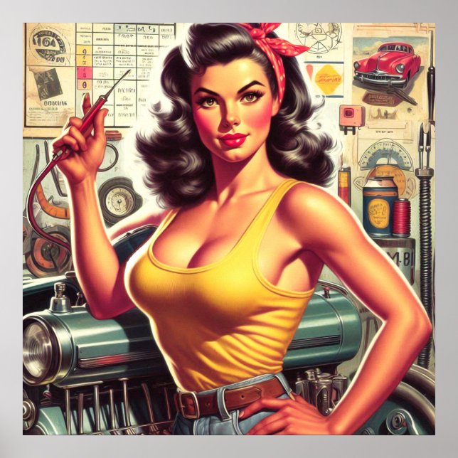 Póster Pin-up mecánico de garaje (Frente)