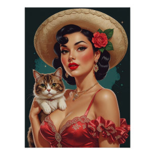 Póster Pin-Up mexicano sosteniendo un gato lindo