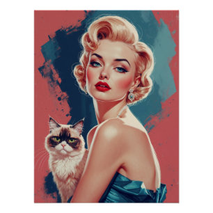 Póster Pin-up rubio con gato gruñón