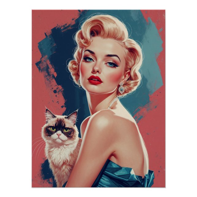 Póster Pin-up rubio con gato gruñón (Anverso)