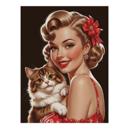 Póster Pin-Up sonriente con retrato de gato