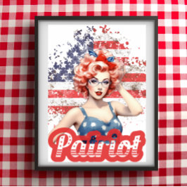 Póster Pin Up Viejo Retro Estadounidense Patriota Chica B