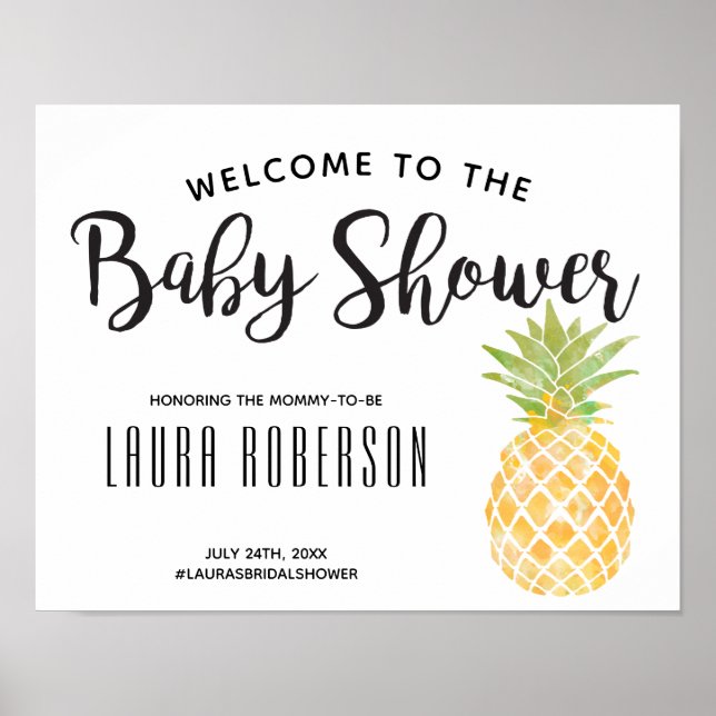 Póster Piña acuarela | Firma de bienvenida de Baby Shower (Frente)
