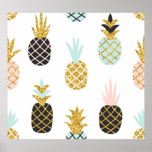 Póster Piña con purpurina de oro, patrón creativo.