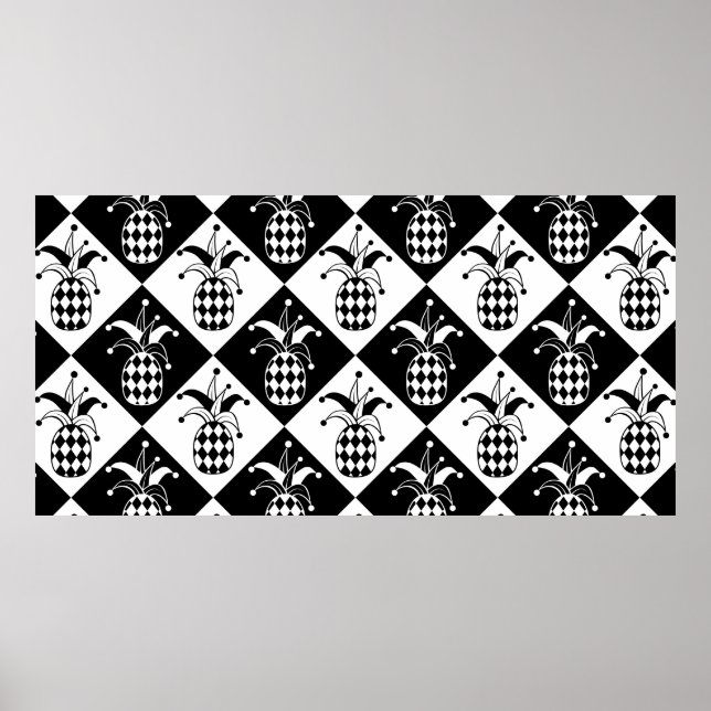 Póster Piña estilizada. Gorra y rhombus Harlequin. Mar (Frente)