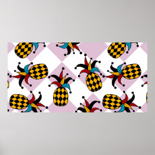 Póster Piña estilizada. Gorra y rhombus Harlequin. Mar