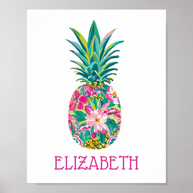 Póster Piña Floral Tropical Rosa y Verde (Frente)