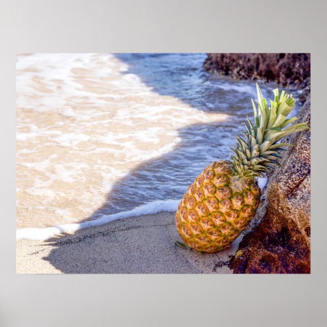 Póster Piña inclinada sobre rocas en la playa (Frente)