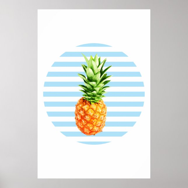 Póster Piña, poster de piña, círculo de rayas azules, (Frente)