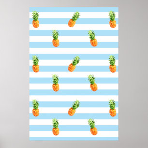 Póster Piña, rayas azules, poster de piña,
