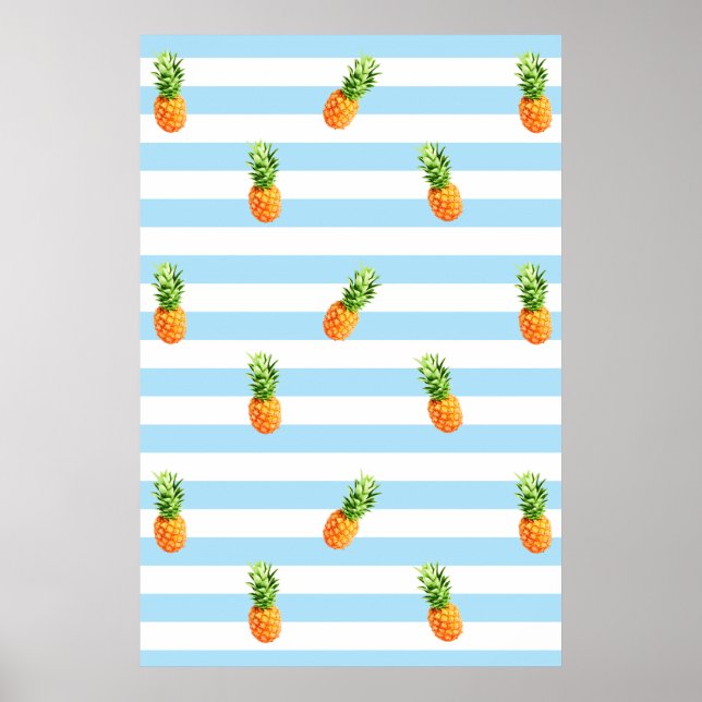 Póster Piña, rayas azules, poster de piña, (Frente)